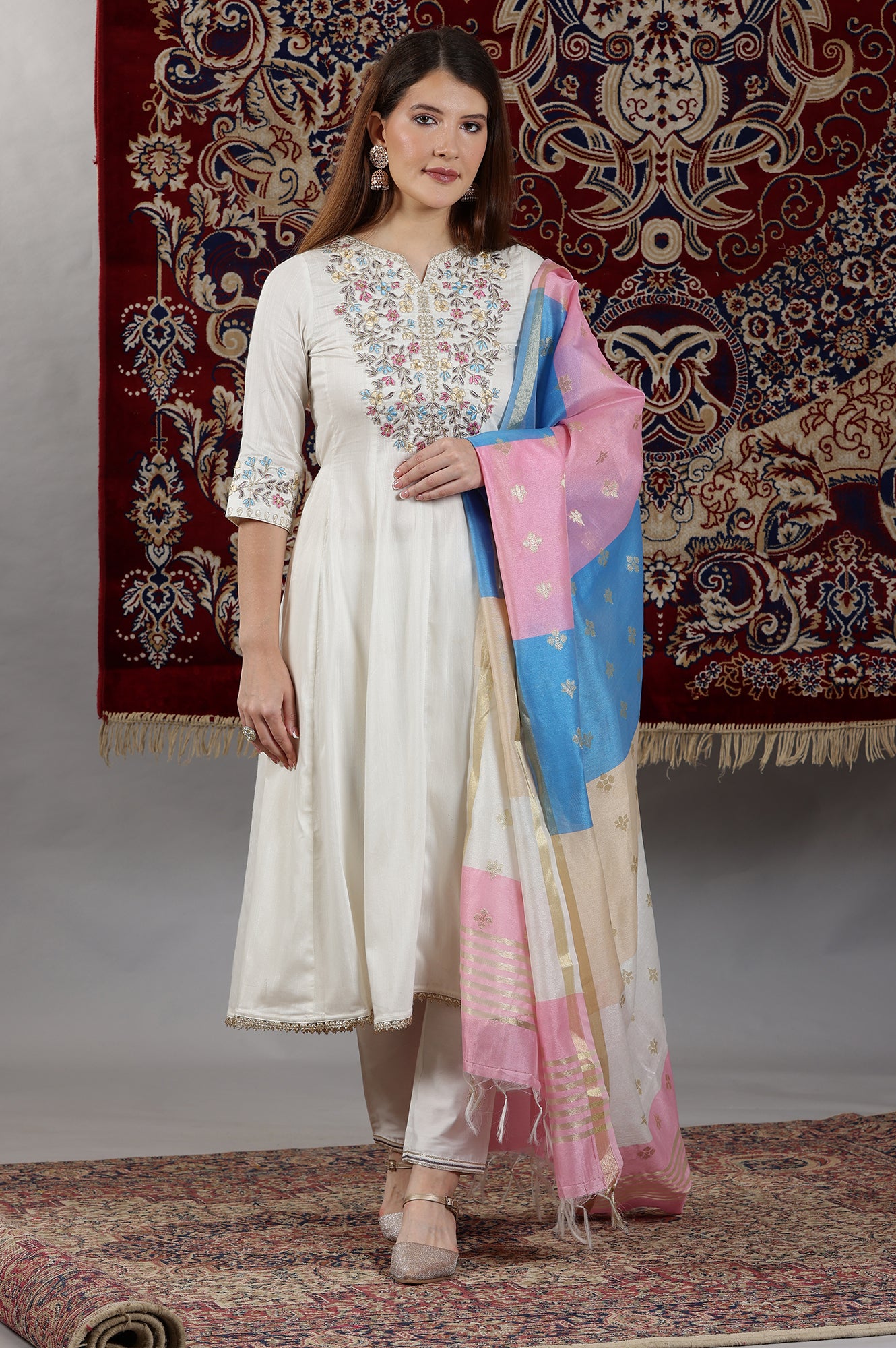 Off-White Dori Embroidered Flared Kurta, Trousers and Dupatta Set