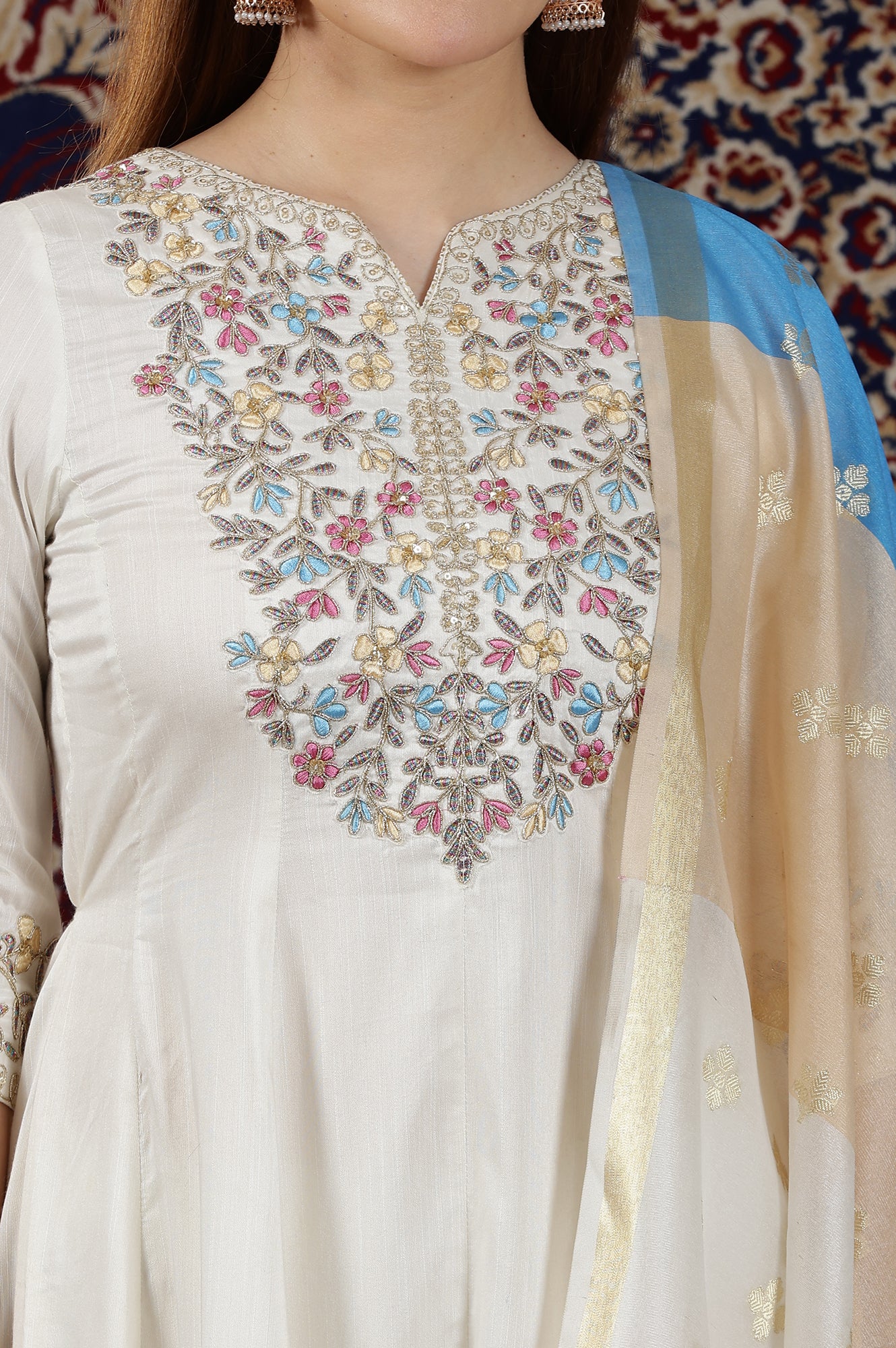 Off-White Dori Embroidered Flared Kurta, Trousers and Dupatta Set