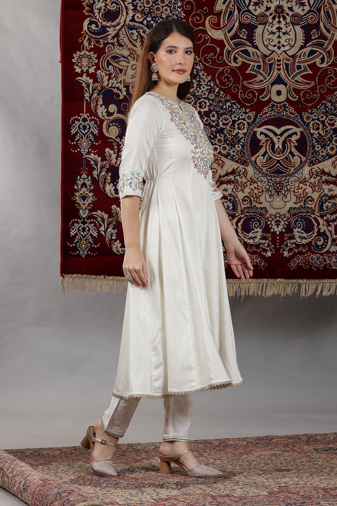 Off-White Dori Embroidered Flared Kurta, Trousers and Dupatta Set