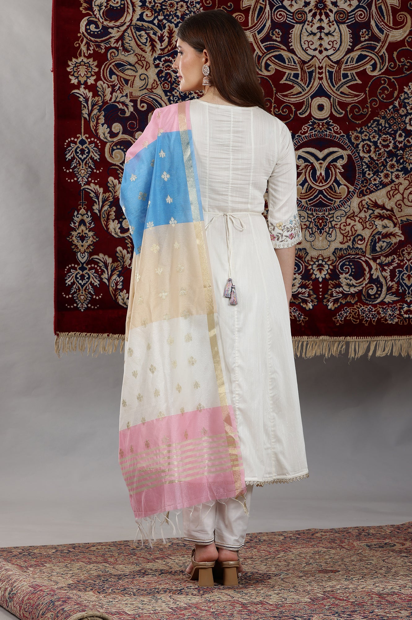 Off-White Dori Embroidered Flared Kurta, Trousers and Dupatta Set