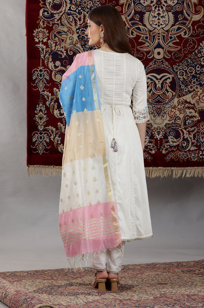 Off-White Dori Embroidered Flared Kurta, Trousers and Dupatta Set
