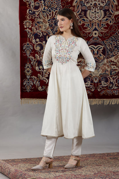 Off-White Dori Embroidered Flared Kurta, Trousers and Dupatta Set