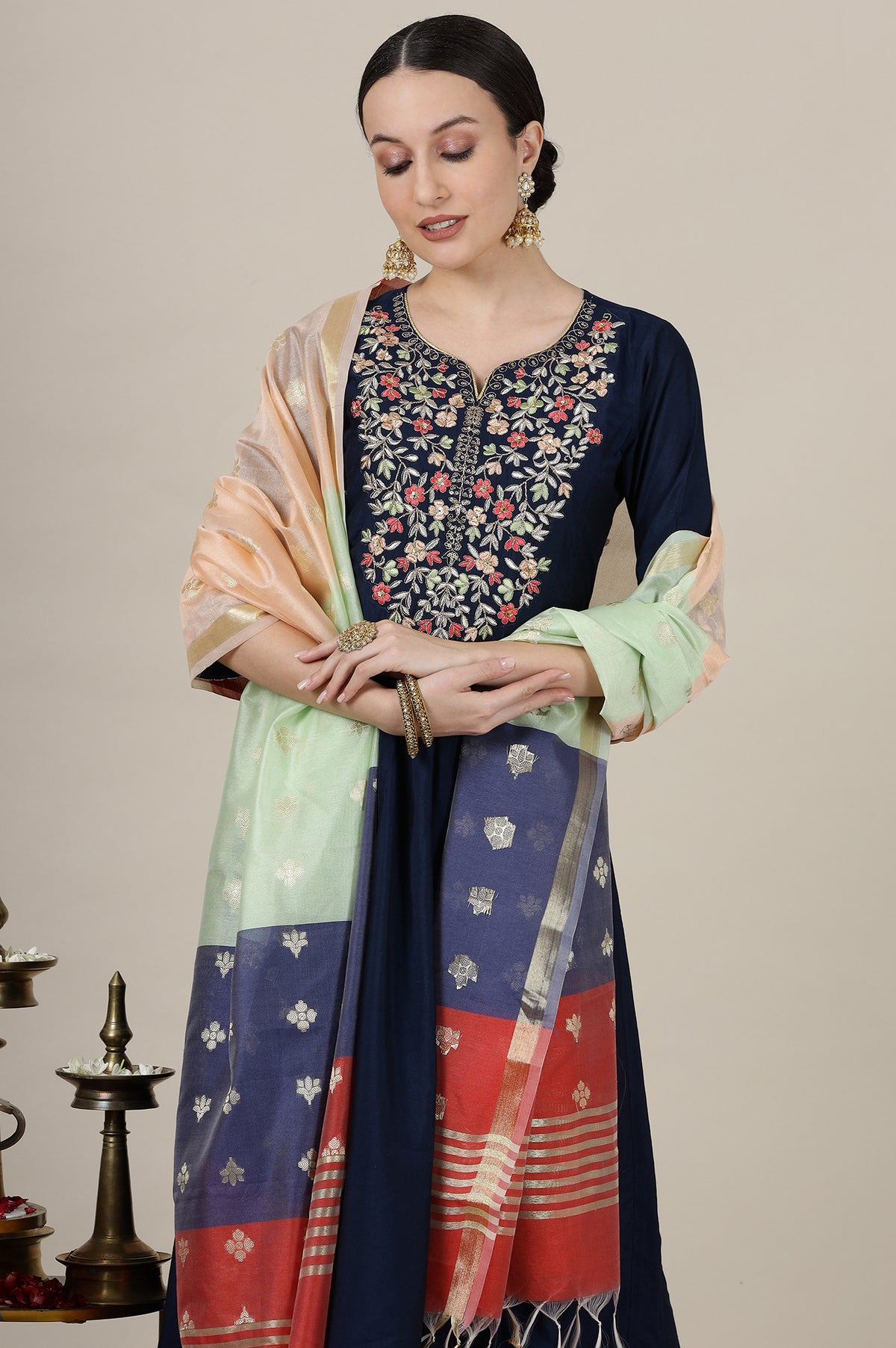Blue Dori Embroidered Flared Kurta, Trousers and Dupatta Set - L