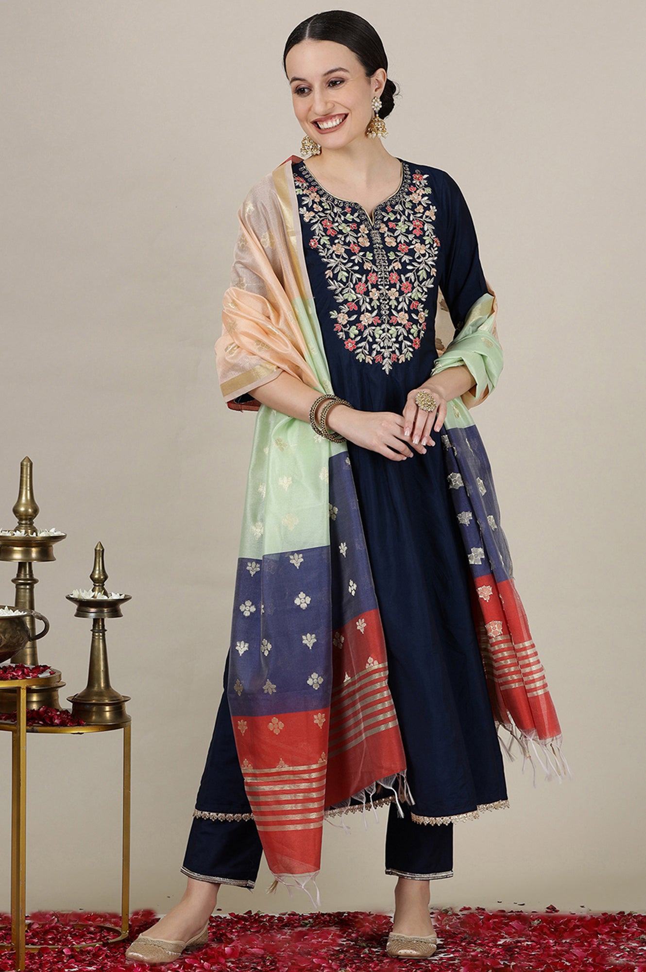 Blue Dori Embroidered Flared Kurta, Trousers and Dupatta Set