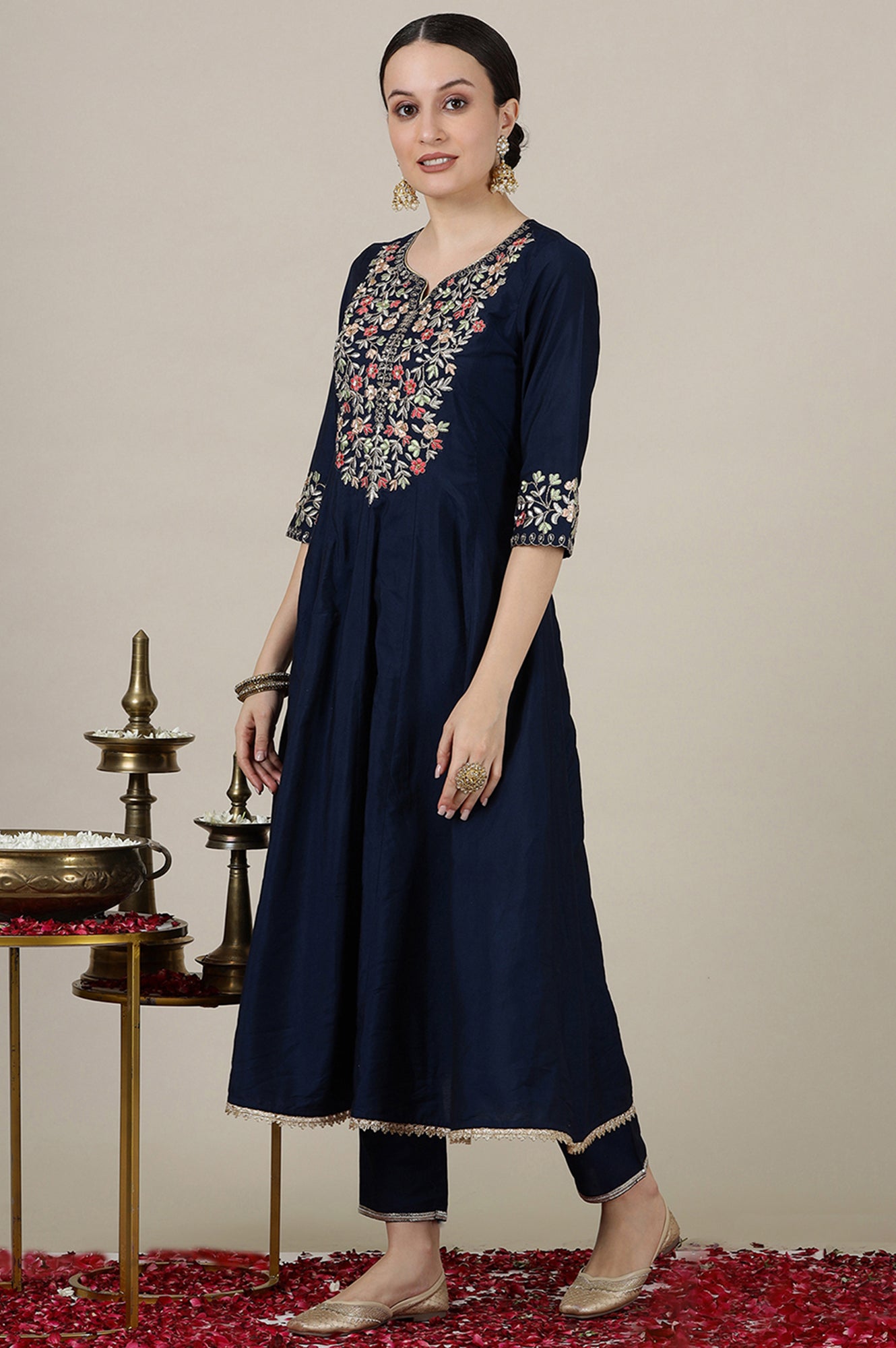 Blue Dori Embroidered Flared Kurta, Trousers and Dupatta Set