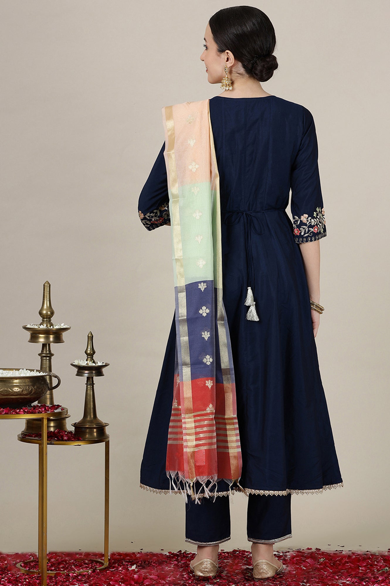 Blue Dori Embroidered Flared Kurta, Trousers and Dupatta Set