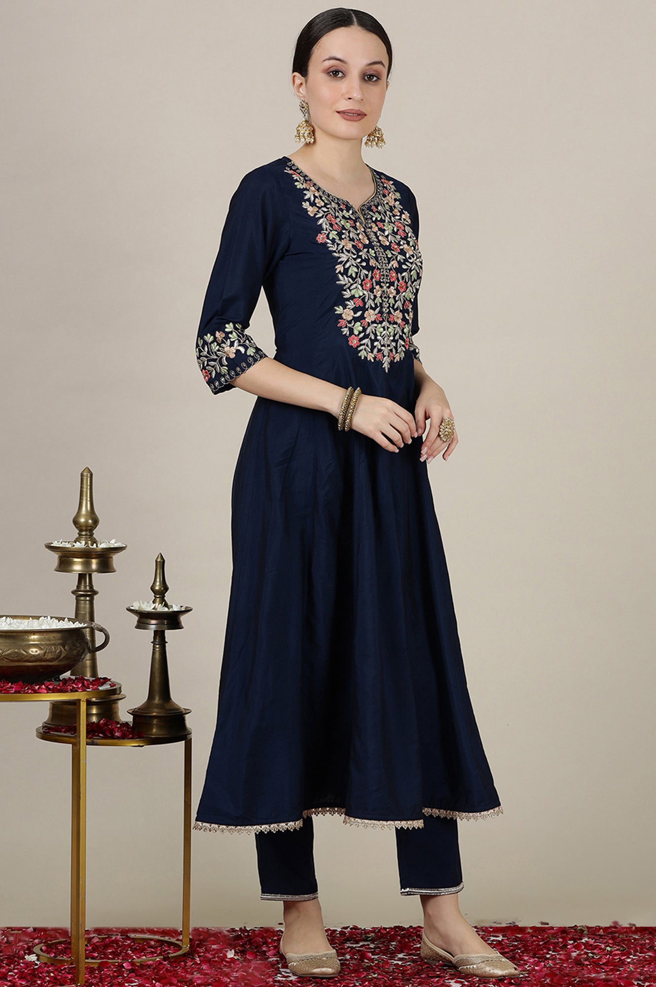 Blue Dori Embroidered Flared Kurta, Trousers and Dupatta Set