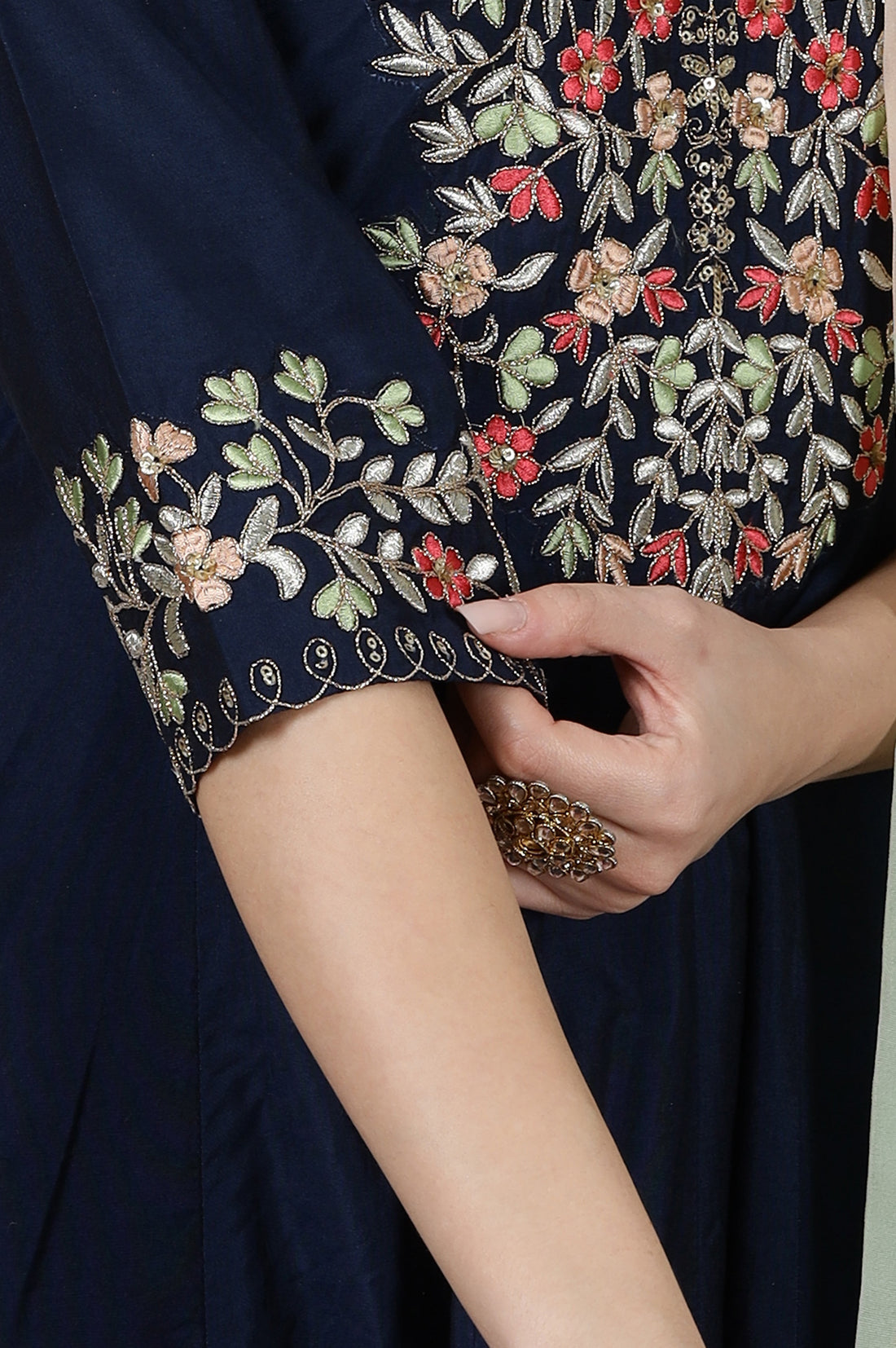 Blue Dori Embroidered Flared Kurta, Trousers and Dupatta Set