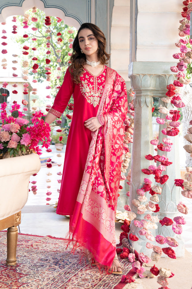 Pink Dori Embroidered Anarkali Kurta and Palazzo Set with Banarsi Jaquard Dupatta