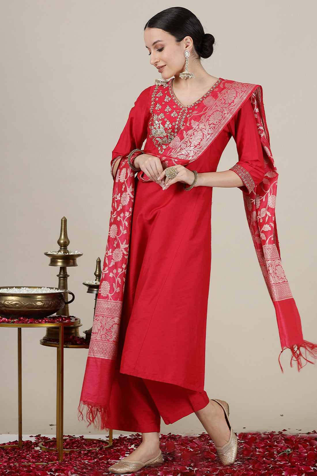 Pink Dori Embroidered Anarkali Kurta and Palazzo Set with Banarsi Jaquard Dupatta
