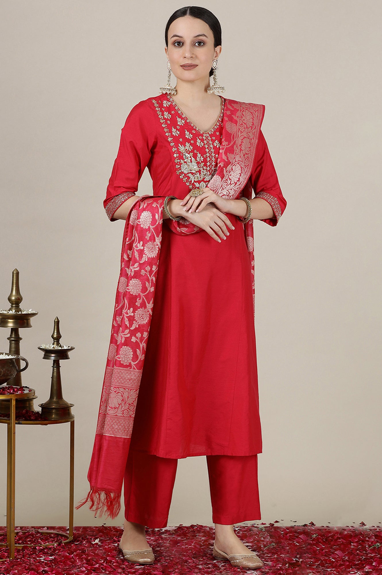 Pink Dori Embroidered Anarkali Kurta and Palazzo Set with Banarsi Jaquard Dupatta