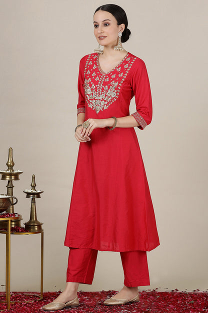 Pink Dori Embroidered Anarkali Kurta and Palazzo Set with Banarsi Jaquard Dupatta