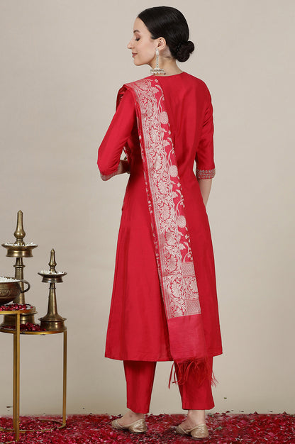 Pink Dori Embroidered Anarkali Kurta and Palazzo Set with Banarsi Jaquard Dupatta