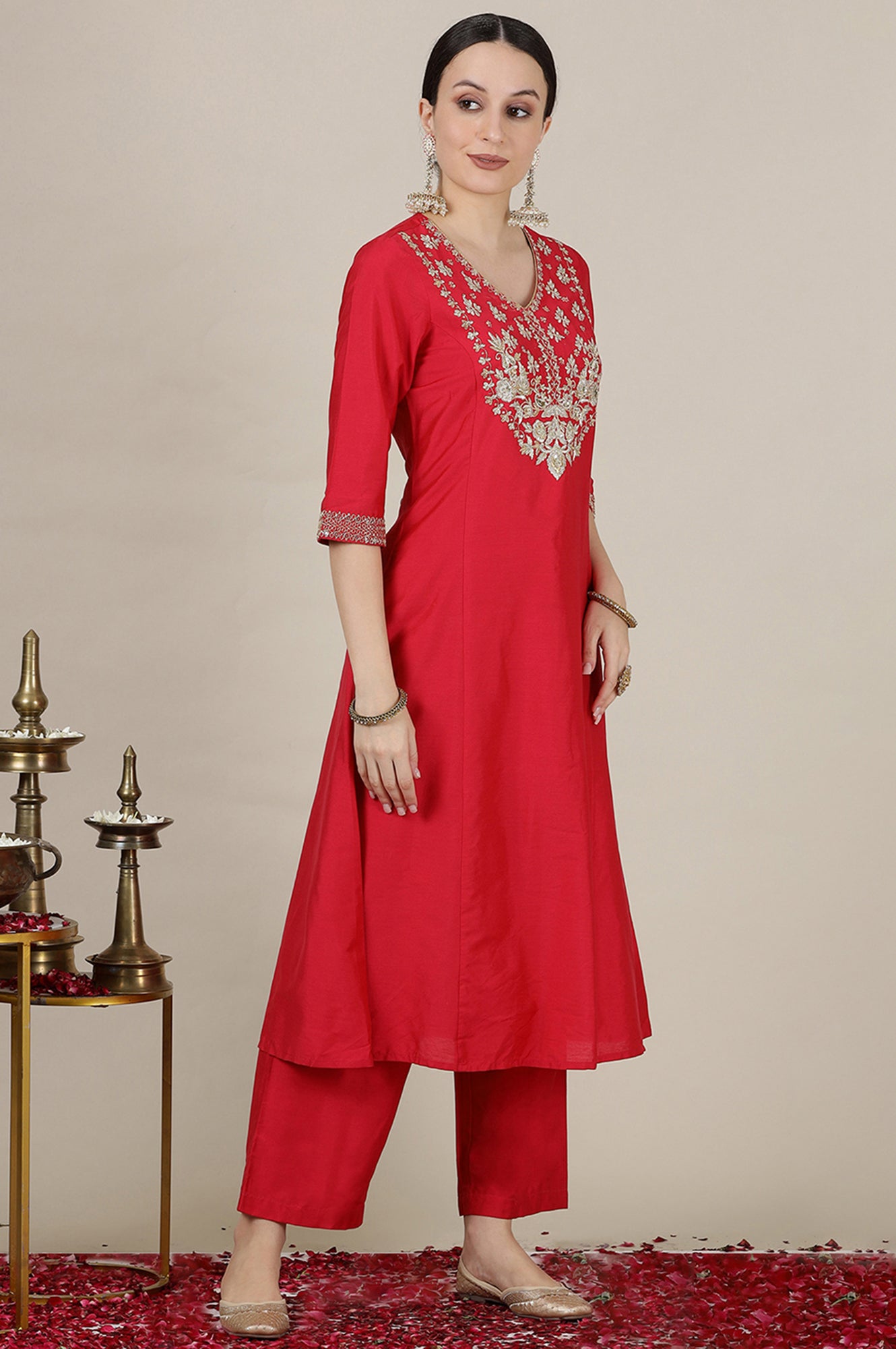 Pink Dori Embroidered Anarkali Kurta and Palazzo Set with Banarsi Jaquard Dupatta