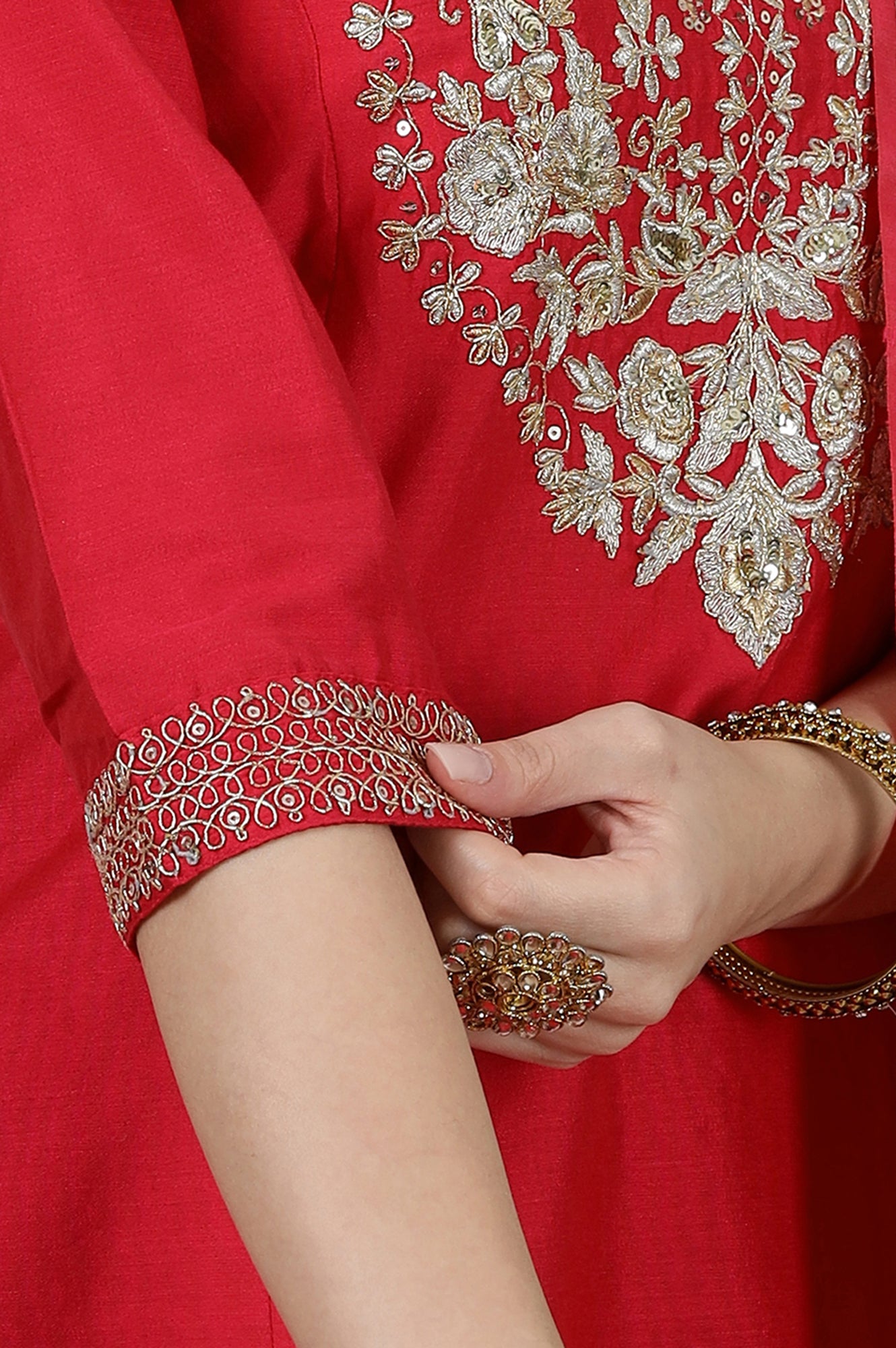 Pink Dori Embroidered Anarkali Kurta and Palazzo Set with Banarsi Jaquard Dupatta