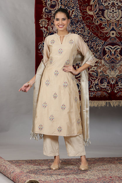 Beige Yarn Dyed Dori Embroidered Anarkali Kurta, Palazzo and Dupatta Set