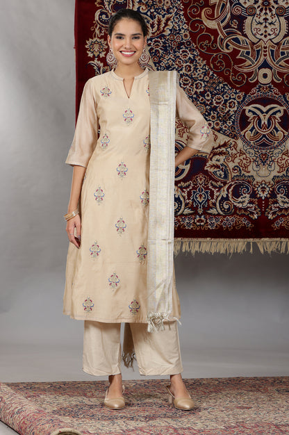 Beige Yarn Dyed Dori Embroidered Anarkali Kurta, Palazzo and Dupatta Set