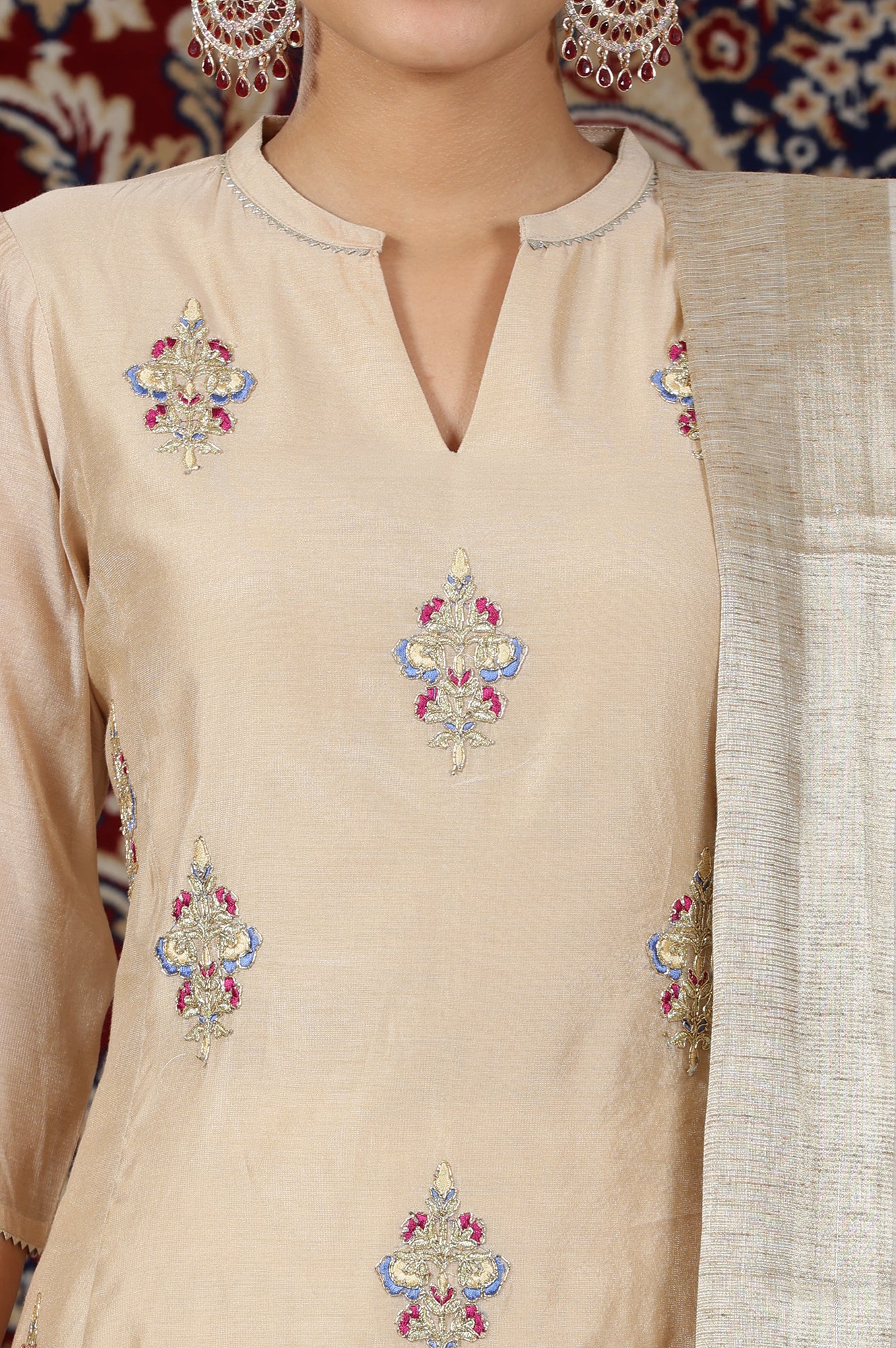 Beige Yarn Dyed Dori Embroidered Anarkali Kurta, Palazzo and Dupatta Set