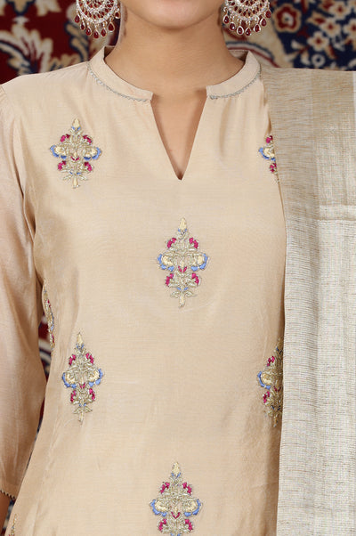 Beige Yarn Dyed Dori Embroidered Anarkali Kurta, Palazzo and Dupatta Set