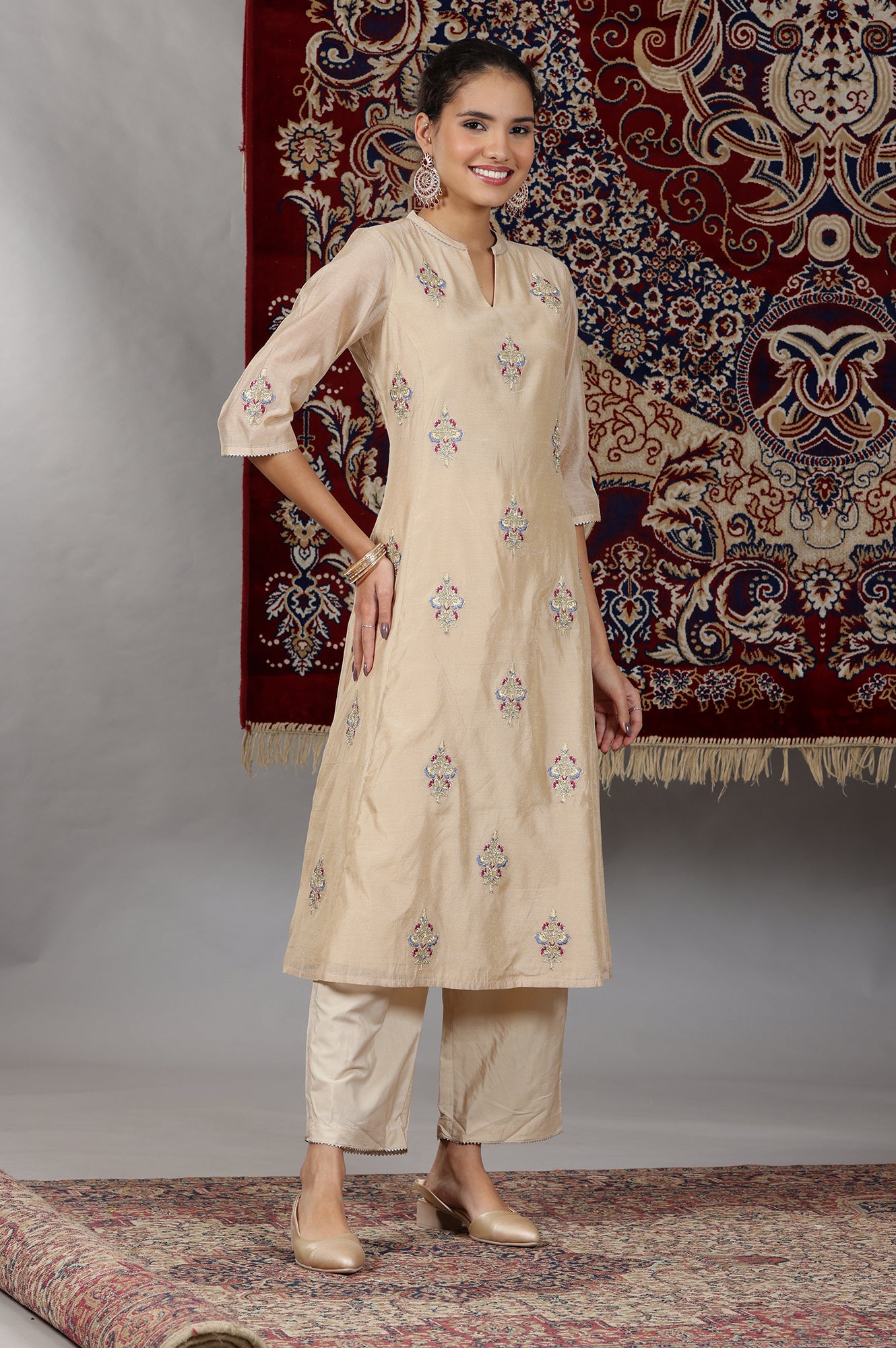 Beige Yarn Dyed Dori Embroidered Anarkali Kurta, Palazzo and Dupatta Set