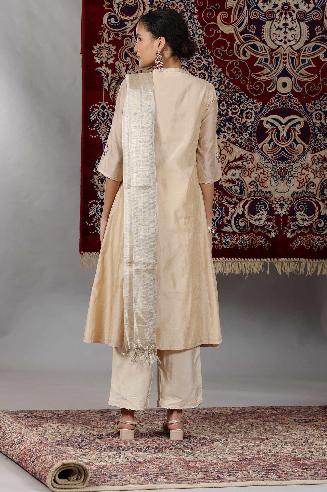 Beige Yarn Dyed Dori Embroidered Anarkali Kurta, Palazzo and Dupatta Set