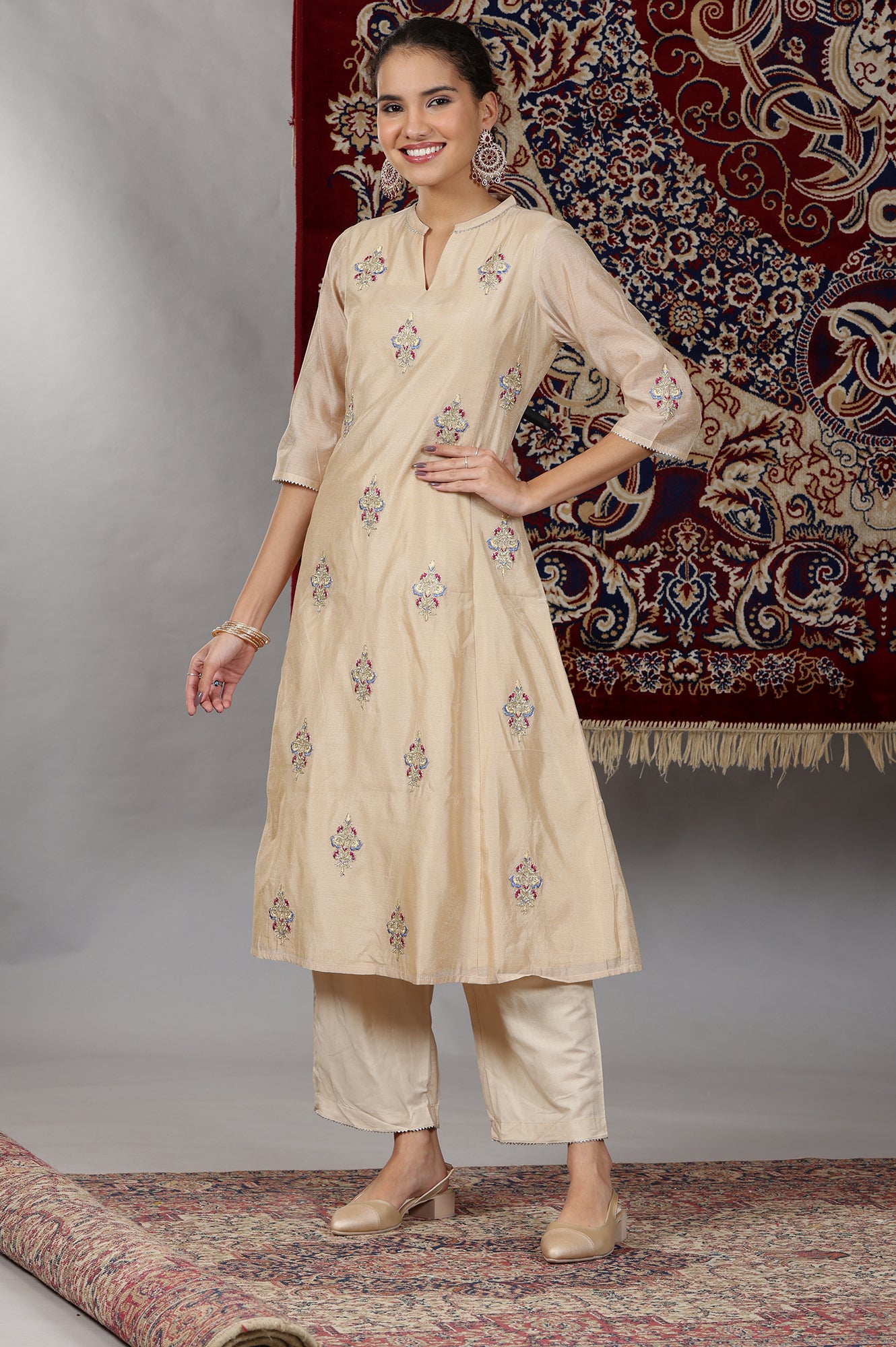 Beige Yarn Dyed Dori Embroidered Anarkali Kurta, Palazzo and Dupatta Set