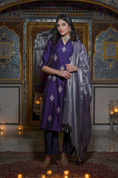 Purple Yarn Dyed Dori Embroidered Anarkali Kurta, Palazzo and Dupatta Set