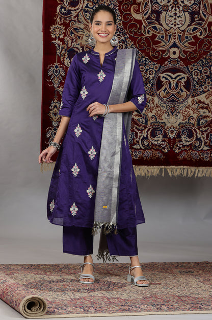 Purple Yarn Dyed Dori Embroidered Anarkali Kurta, Palazzo and Dupatta Set