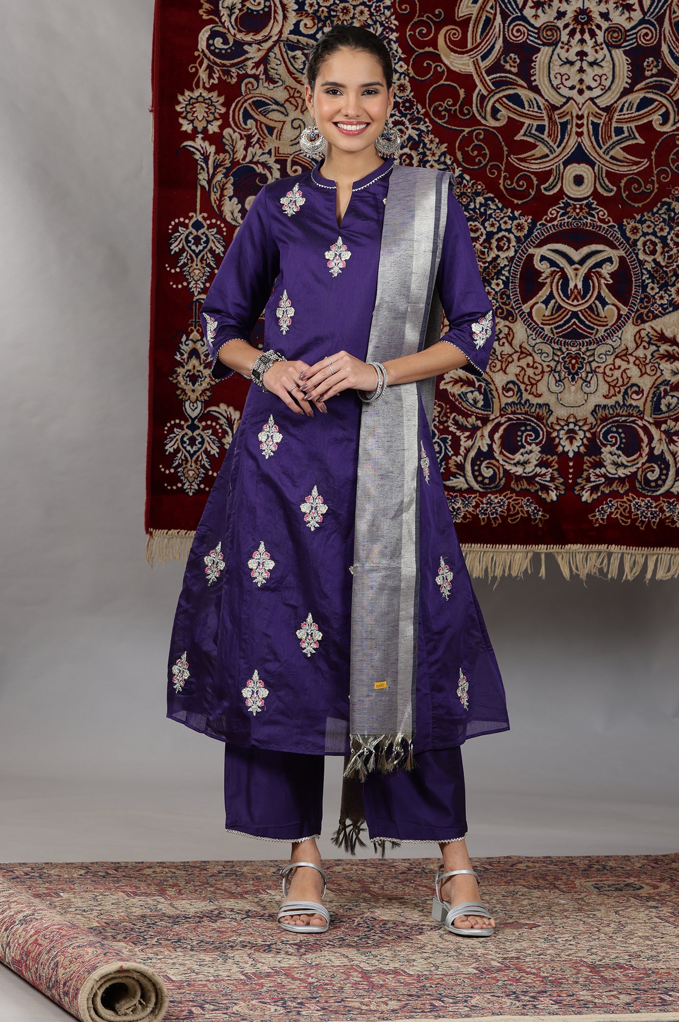 Purple Yarn Dyed Dori Embroidered Anarkali Kurta, Palazzo and Dupatta Set