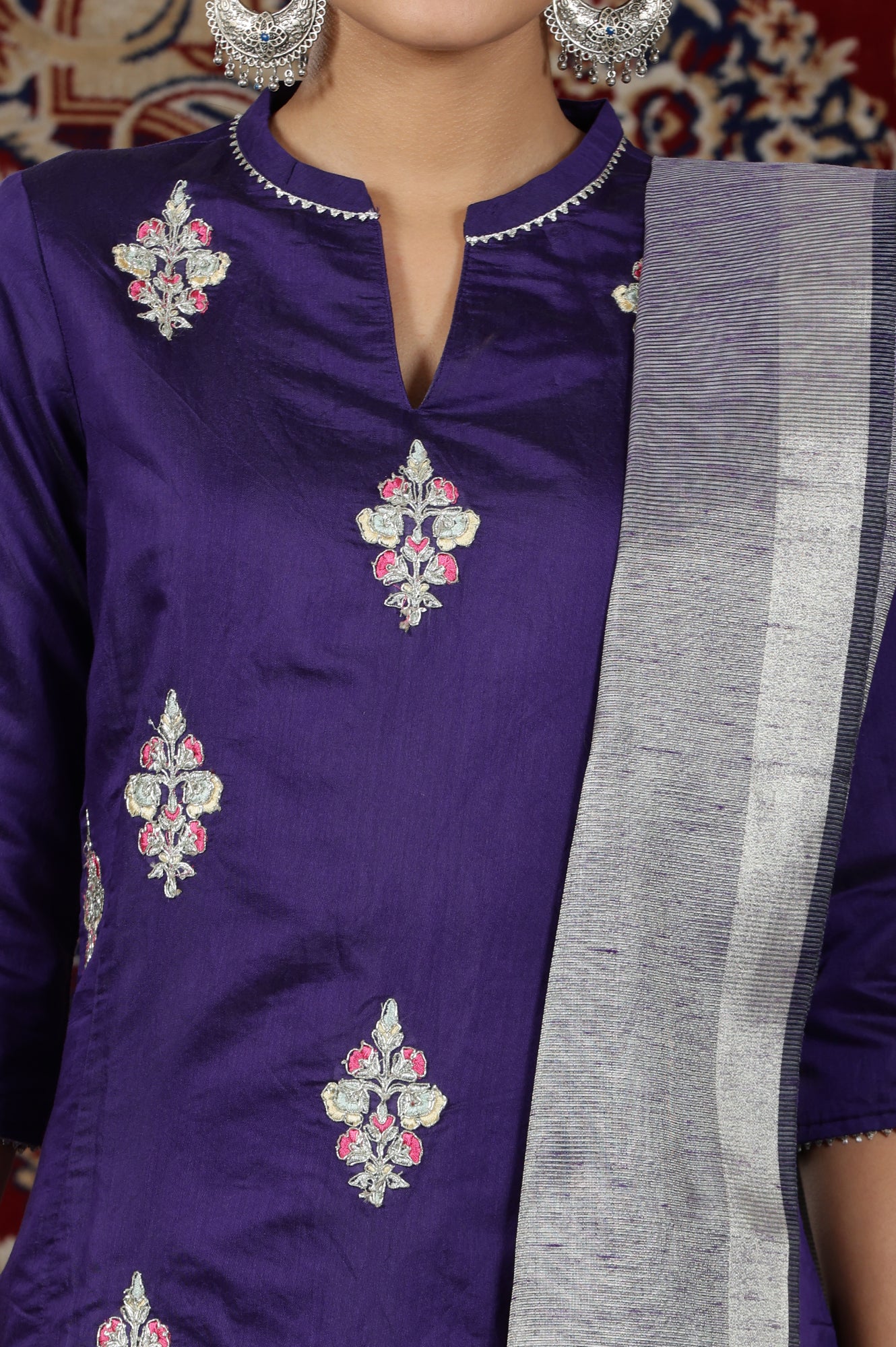 Purple Yarn Dyed Dori Embroidered Anarkali Kurta, Palazzo and Dupatta Set