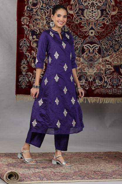 Purple Yarn Dyed Dori Embroidered Anarkali Kurta, Palazzo and Dupatta Set