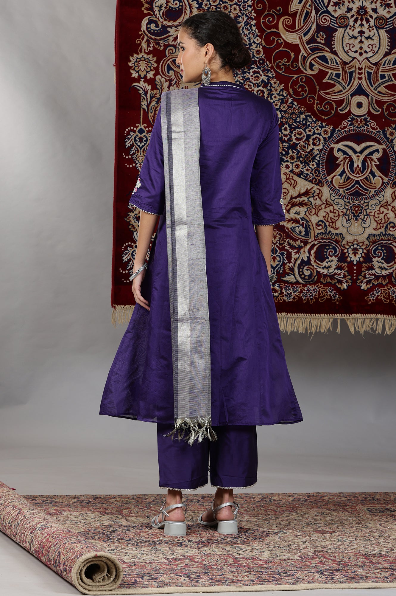 Purple Yarn Dyed Dori Embroidered Anarkali Kurta, Palazzo and Dupatta Set