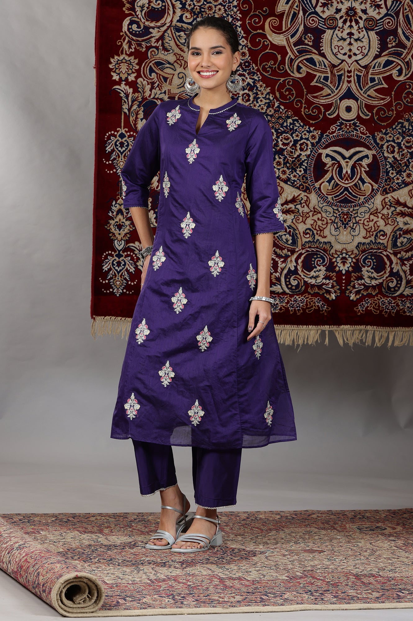 Purple Yarn Dyed Dori Embroidered Anarkali Kurta, Palazzo and Dupatta Set