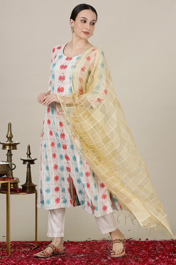 Cream Yarn Dyed with Multi-coloured Abstract Print Flared Kurta, Pants and Dupatta Set