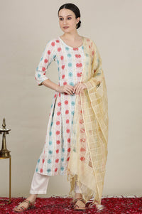 Cream Yarn Dyed with Multi-coloured Abstract Print Flared Kurta, Pants and Dupatta Set