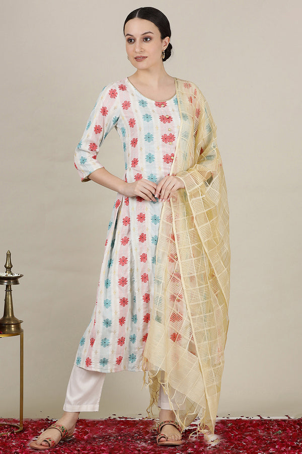 Cream Yarn Dyed with Multi-coloured Abstract Print Flared Kurta, Pants and Dupatta Set