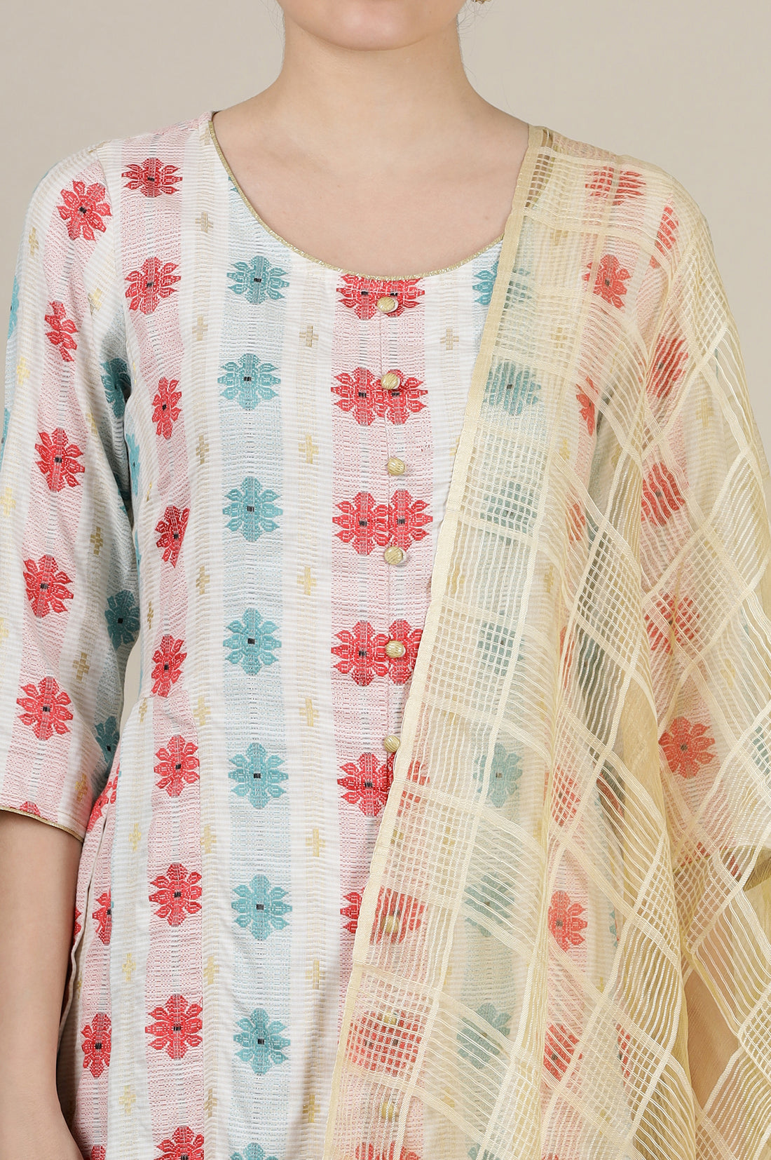 Cream Yarn Dyed with Multi-coloured Abstract Print Flared Kurta, Pants and Dupatta Set