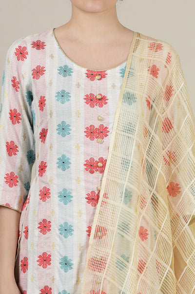 Cream Yarn Dyed with Multi-coloured Abstract Print Flared Kurta, Pants and Dupatta Set