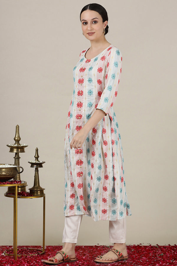 Cream Yarn Dyed with Multi-coloured Abstract Print Flared Kurta, Pants and Dupatta Set