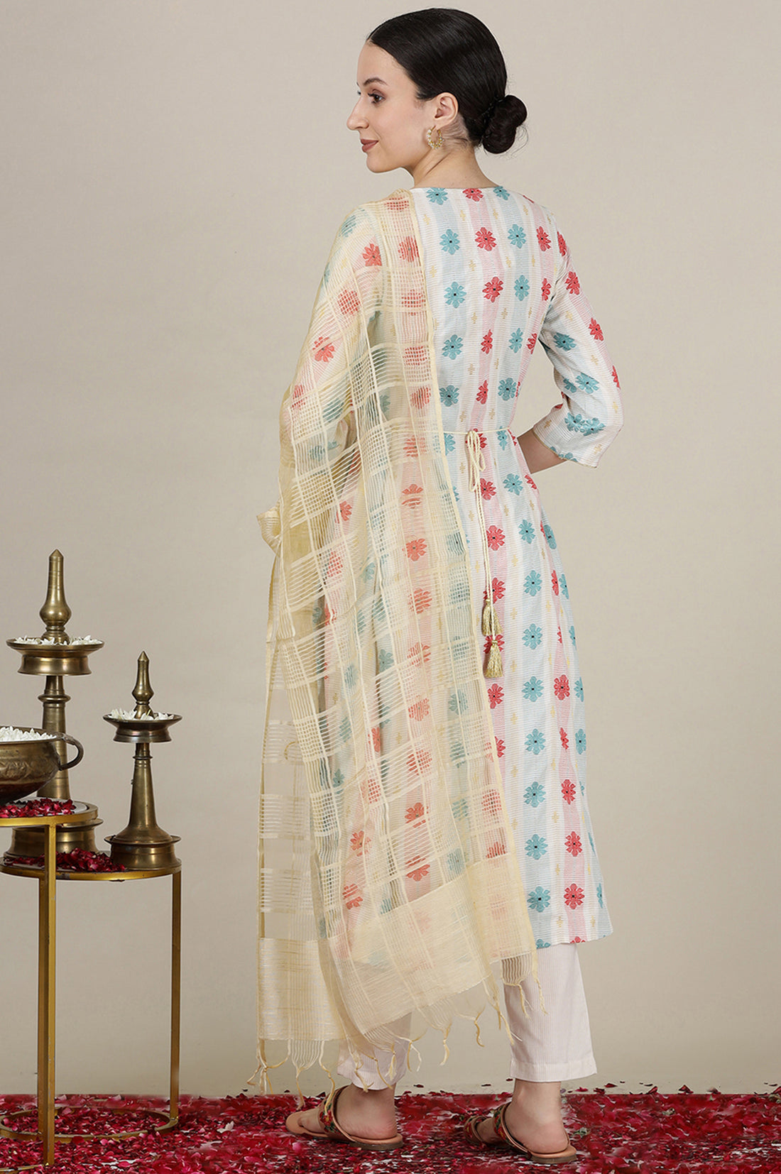 Cream Yarn Dyed with Multi-coloured Abstract Print Flared Kurta, Pants and Dupatta Set