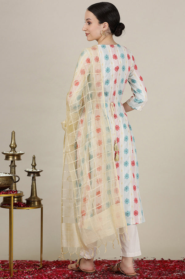 Cream Yarn Dyed with Multi-coloured Abstract Print Flared Kurta, Pants and Dupatta Set