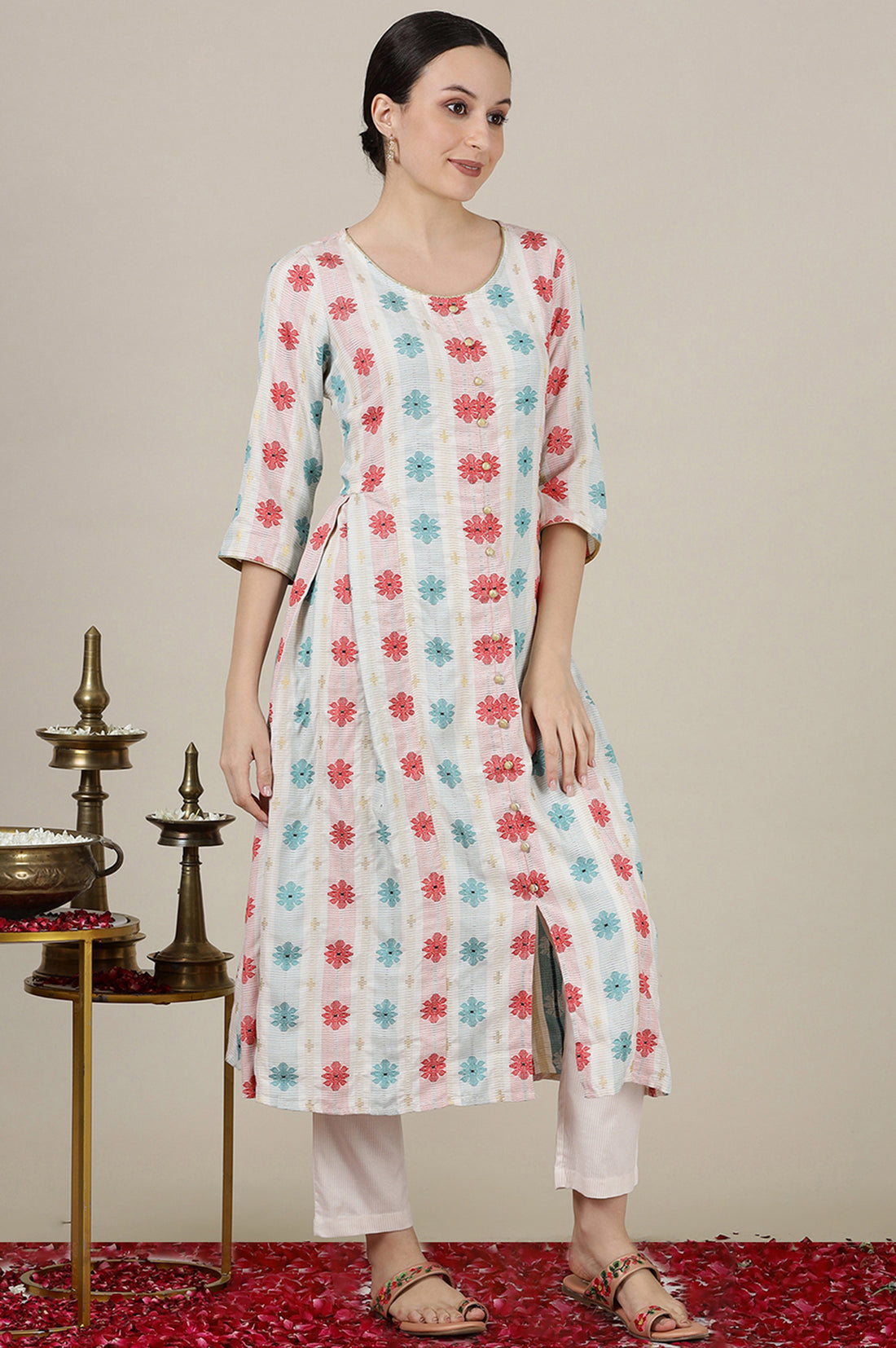 Cream Yarn Dyed with Multi-coloured Abstract Print Flared Kurta, Pants and Dupatta Set