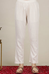 Cream Yarn Dyed with Multi-coloured Abstract Print Flared Kurta, Pants and Dupatta Set