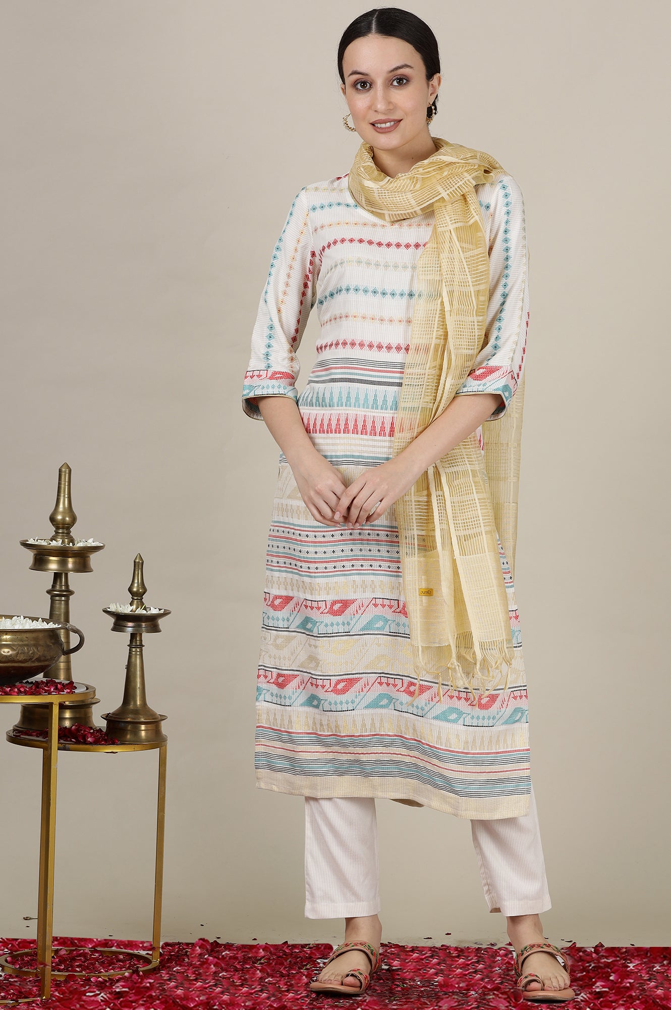 Cream Yarn Dyed with Multi-coloured Abstract Print Straight Kurta, Pants and Dupatta Set