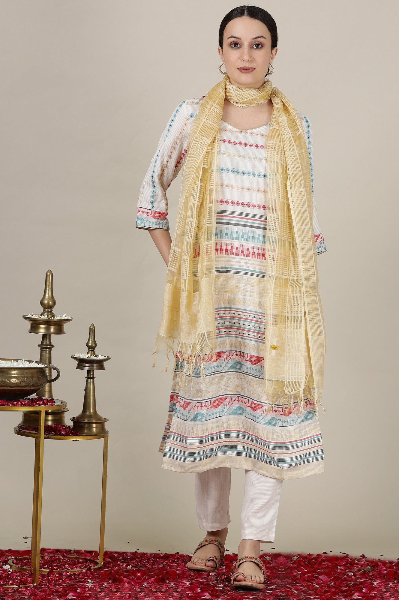 Cream Yarn Dyed with Multi-coloured Abstract Print Straight Kurta, Pants and Dupatta Set