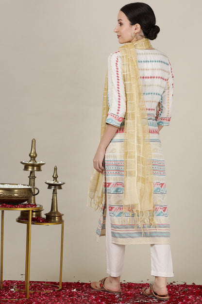 Cream Yarn Dyed with Multi-coloured Abstract Print Straight Kurta, Pants and Dupatta Set