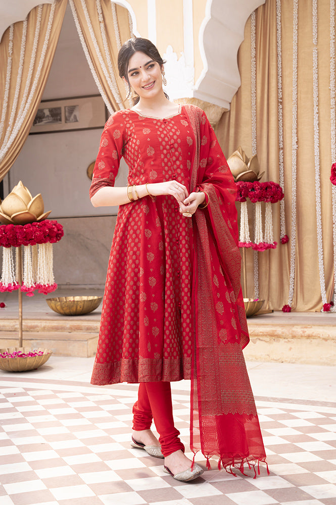 Red Yarn Dyed Embroidered Sweetheart Neck Kurta, Churidar and Jacquard Dupatta