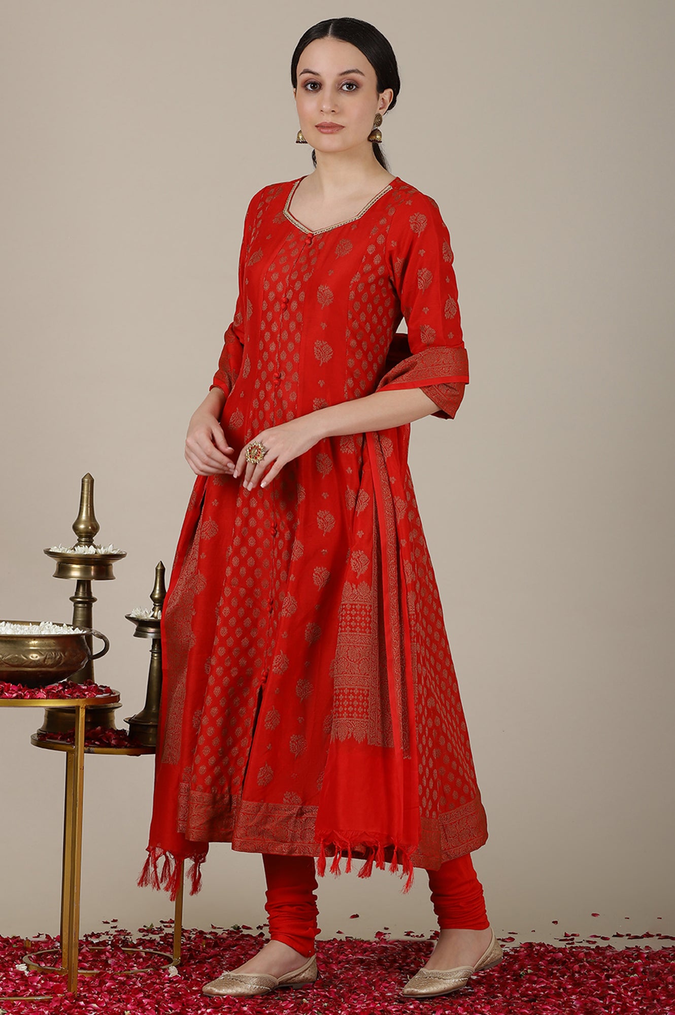 Red Yarn Dyed Embroidered Sweetheart Neck Kurta, Churidar and Jacquard Dupatta