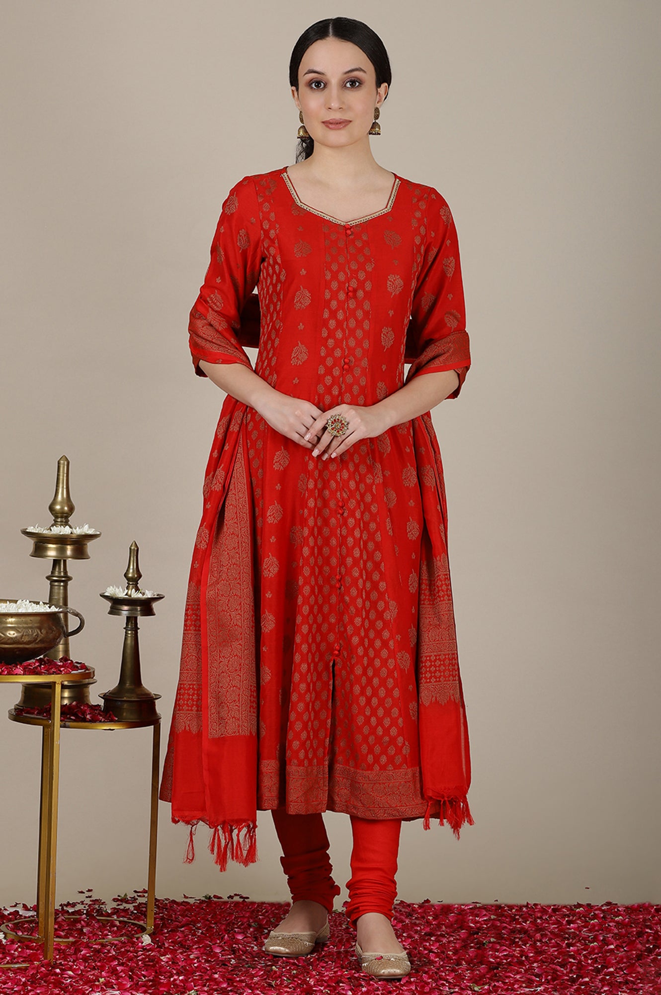 Red Yarn Dyed Embroidered Sweetheart Neck Kurta, Churidar and Jacquard Dupatta