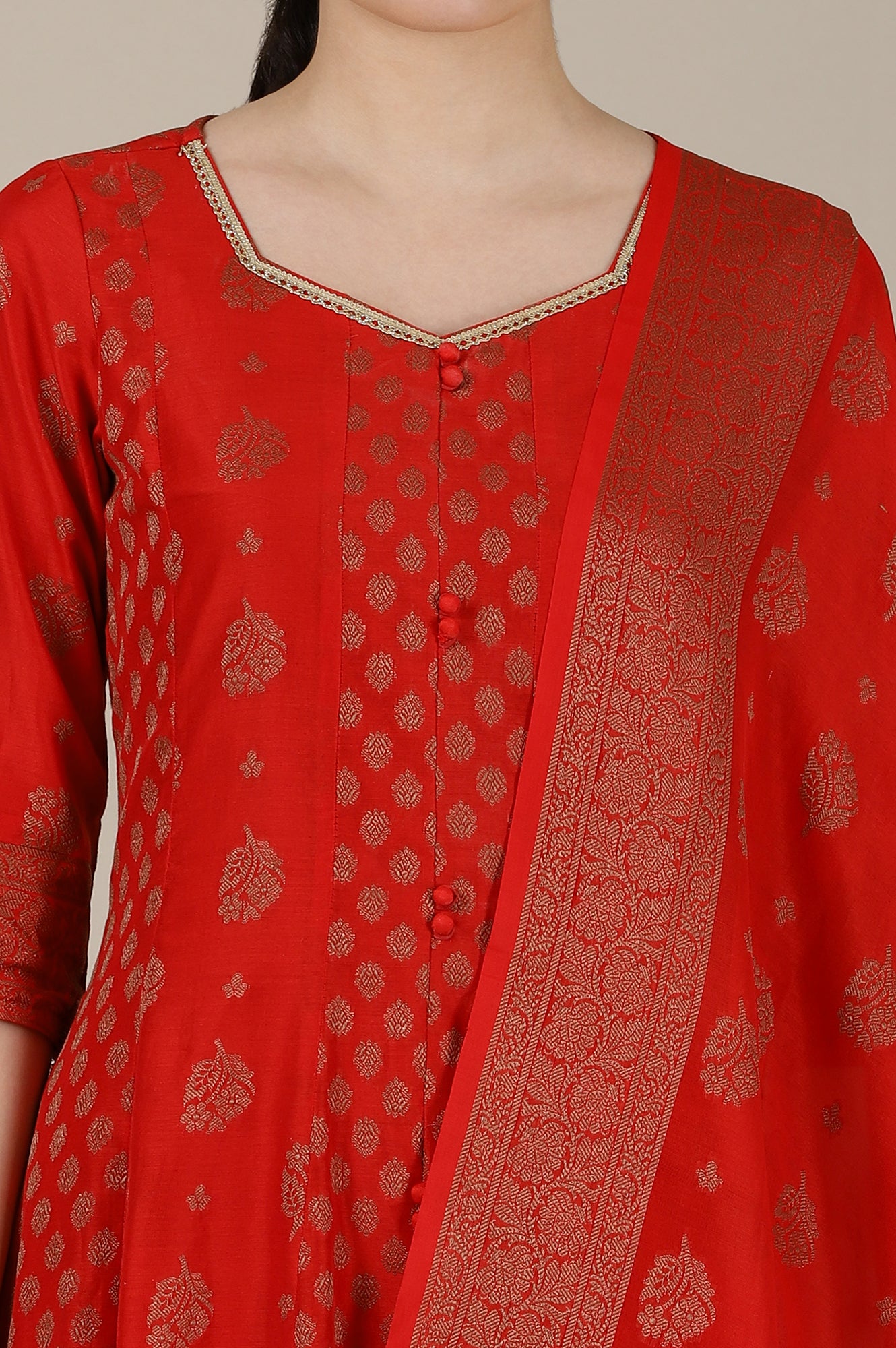 Red Yarn Dyed Embroidered Sweetheart Neck Kurta, Churidar and Jacquard Dupatta